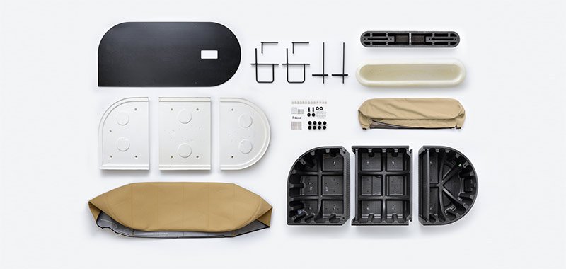 Picture with exploded view of parts of a Knauf Industries epp foam pouf armchair