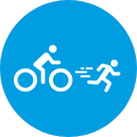 pictogramme d'une personne à vélo qui suit quelqu'un qui court