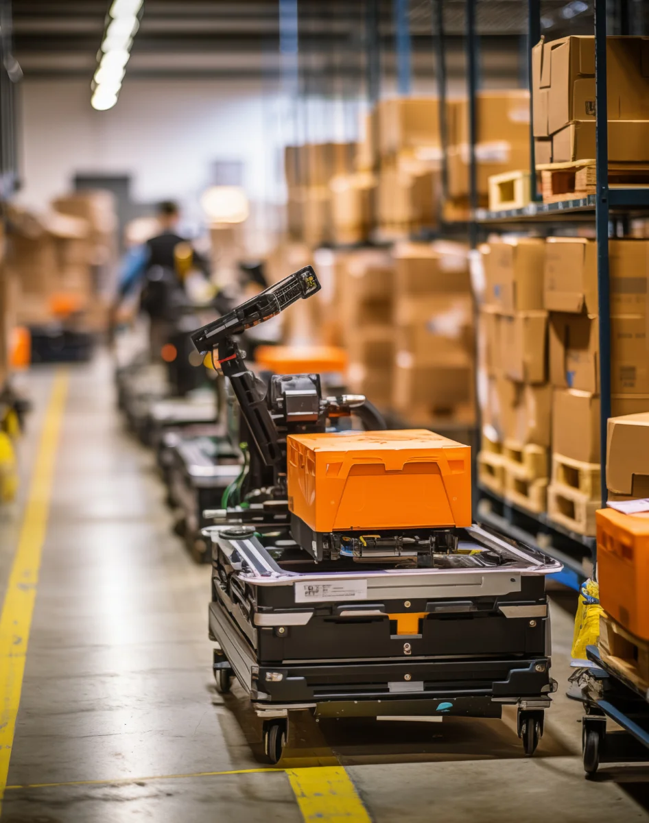 Chariot automatisé avec bac en entrepôt